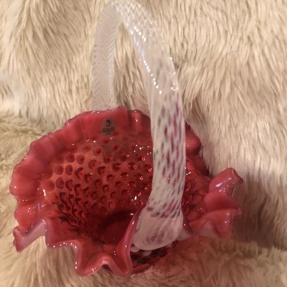 FENTON CRANBERRY OPALESCENT HOBNAIL SPIRAL OPTIC RIBBED BASKET 9.5 X 7 Perfect